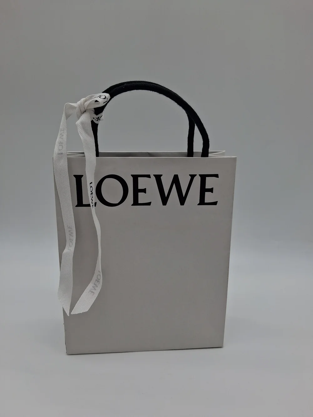 LOEWE White Shopping Gift Bag Black Handles Logo Ribbon Luxury Packaging EUC